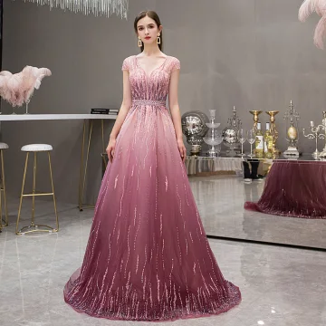 High End Fuchsia Gradiëntkleur Avondjurken 2019 A Lijn Diepe V Hals Korte Mouwen Rhinestone Kralen Sweep Trein Ruche Ruglooze Gelegenheid Jurken