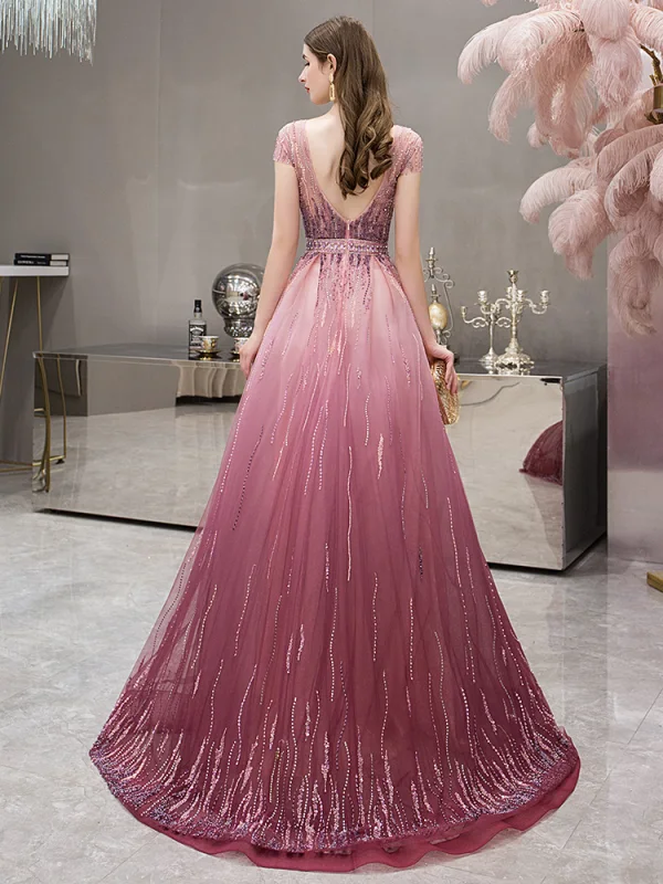 High End Fuchsie Farbverlauf Abendkleider 2019 A Linie Tiefer V-Ausschnitt Kurze Ärmel Strass Perlenstickerei Sweep / Pinsel Zug Rüschen Rückenfreies Festliche Kleider