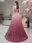 High End Fuchsie Farbverlauf Abendkleider 2019 A Linie Tiefer V-Ausschnitt Kurze Ärmel Strass Perlenstickerei Sweep / Pinsel Zug Rüschen Rückenfreies Festliche Kleider