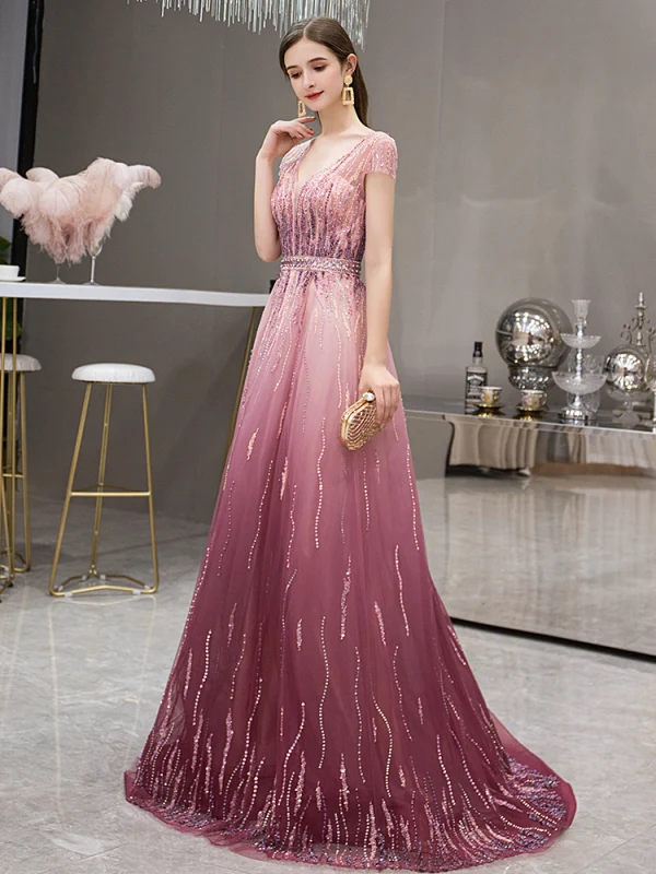 High End Fuchsie Farbverlauf Abendkleider 2019 A Linie Tiefer V-Ausschnitt Kurze Ärmel Strass Perlenstickerei Sweep / Pinsel Zug Rüschen Rückenfreies Festliche Kleider