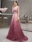 High End Fuchsie Farbverlauf Abendkleider 2019 A Linie Tiefer V-Ausschnitt Kurze Ärmel Strass Perlenstickerei Sweep / Pinsel Zug Rüschen Rückenfreies Festliche Kleider