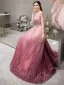 High End Fuchsie Farbverlauf Abendkleider 2019 A Linie Tiefer V-Ausschnitt Kurze Ärmel Strass Perlenstickerei Sweep / Pinsel Zug Rüschen Rückenfreies Festliche Kleider