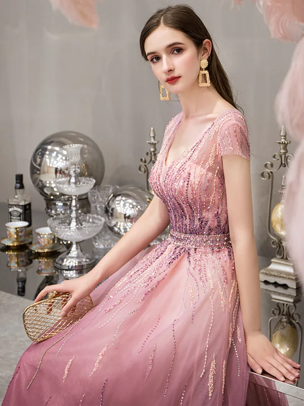 High End Fuchsie Farbverlauf Abendkleider 2019 A Linie Tiefer V-Ausschnitt Kurze Ärmel Strass Perlenstickerei Sweep / Pinsel Zug Rüschen Rückenfreies Festliche Kleider