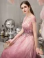 High End Fuchsie Farbverlauf Abendkleider 2019 A Linie Tiefer V-Ausschnitt Kurze Ärmel Strass Perlenstickerei Sweep / Pinsel Zug Rüschen Rückenfreies Festliche Kleider