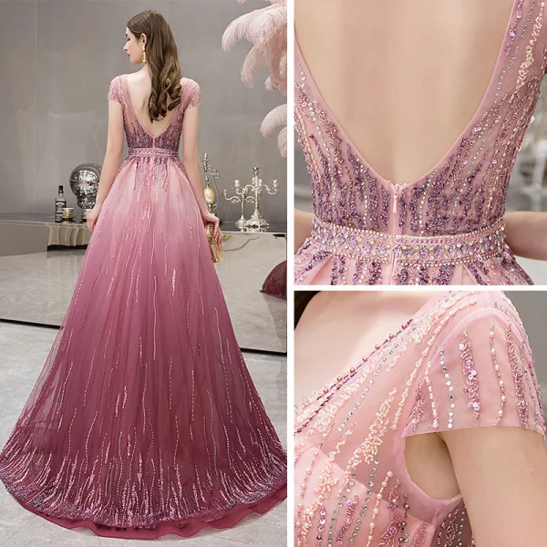 High End Fuchsie Farbverlauf Abendkleider 2019 A Linie Tiefer V-Ausschnitt Kurze Ärmel Strass Perlenstickerei Sweep / Pinsel Zug Rüschen Rückenfreies Festliche Kleider