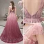 High End Fuchsie Farbverlauf Abendkleider 2019 A Linie Tiefer V-Ausschnitt Kurze Ärmel Strass Perlenstickerei Sweep / Pinsel Zug Rüschen Rückenfreies Festliche Kleider