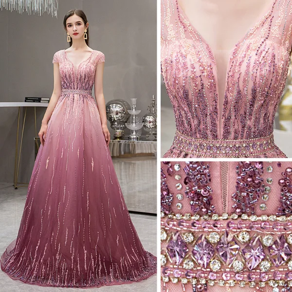 High End Fuchsie Farbverlauf Abendkleider 2019 A Linie Tiefer V-Ausschnitt Kurze Ärmel Strass Perlenstickerei Sweep / Pinsel Zug Rüschen Rückenfreies Festliche Kleider