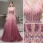 High End Fuchsie Farbverlauf Abendkleider 2019 A Linie Tiefer V-Ausschnitt Kurze Ärmel Strass Perlenstickerei Sweep / Pinsel Zug Rüschen Rückenfreies Festliche Kleider