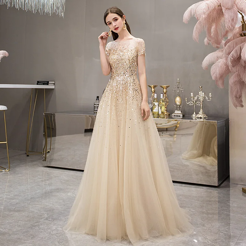 High End Gold See Through Evening Dresses 2019 A Line Princess Square  Neckline Short Sleeve Sequins Beading Sweep Train Formal Dresses