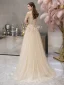 High End Gold Durchsichtige Abendkleider 2019 A Linie Eckiger Ausschnitt Kurze Ärmel Pailletten Perlenstickerei Sweep / Pinsel Zug Festliche Kleider