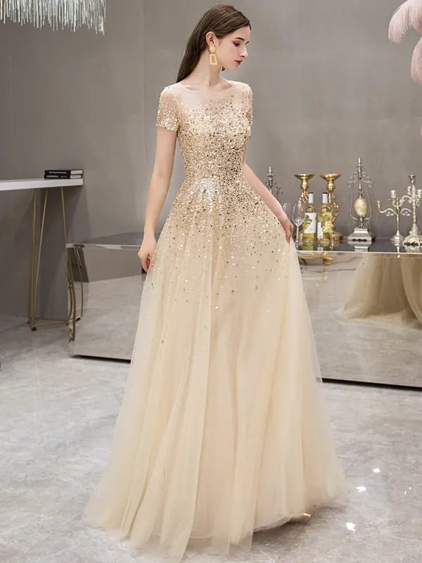 High end Gold See through Evening Dresses 2019 A Line Princess Square Neckline Short