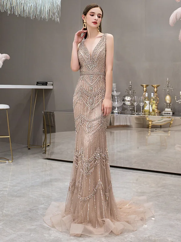 High-end Gold Evening Dresses With Shawl 2019 Trumpet / Mermaid Deep V-Neck  Sleeveless Handmade Beading