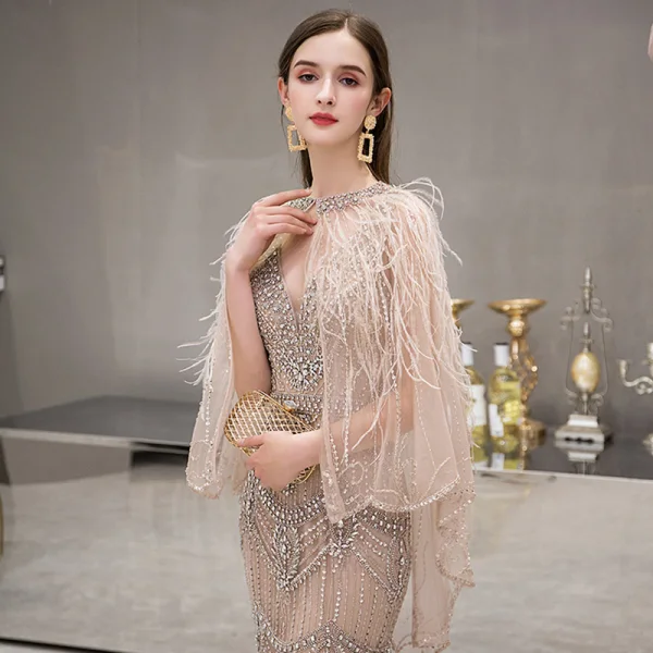 High-end Gold Evening Dresses With Shawl 2019 Trumpet / Mermaid Deep V-Neck Sleeveless Handmade Beading Rhinestone Feather Sweep Train Backless Formal High-end Gold Evening Dresses With Shawl 2019 Trumpet / Mermaid Deep V-Neck Sleeveless Handmade Beading Rhinestone Feather Sweep Train Backless Formal