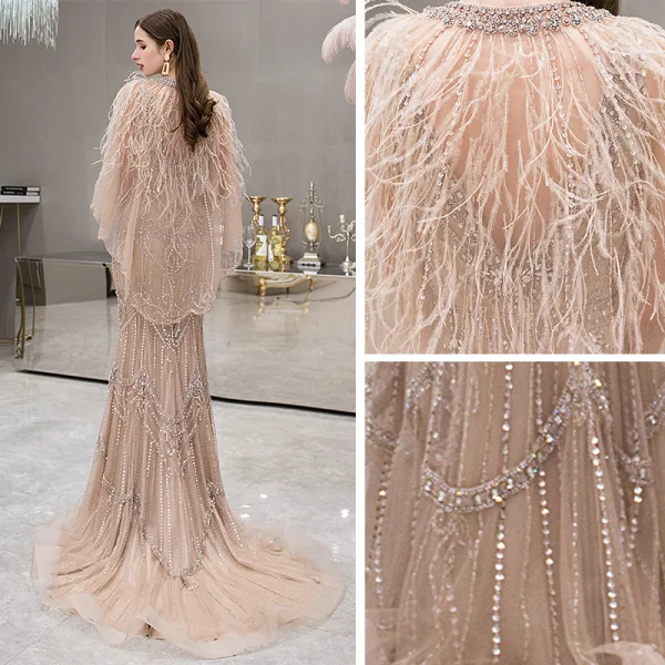 Haut de Gamme Doré Robe De Soirée Avec Châle 2019 Trompette / Sirène Col v profond Sans Manches Fait main Perlage Faux Diamant Plumes Train De Balayage Dos Nu Robe De Ceremonie