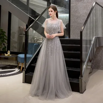 Luxe Gris Transparentes Robe De Soirée 2019 Princesse Encolure Carrée Manches Courtes Paillettes Perlage Longue Volants Robe De Ceremonie