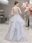Illusion Grå Genomskinliga Aftonklänningar 2019 Prinsessa Djup v-hals Ärmlös Beading Pärla Rhinestone Långa Cascading Volanger Halterneck Formella Klänningar