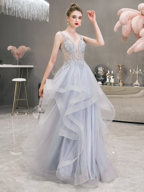 Illusion Grå Genomskinliga Aftonklänningar 2019 Prinsessa Djup v-hals Ärmlös Beading Pärla Rhinestone Långa Cascading Volanger Halterneck Formella Klänningar