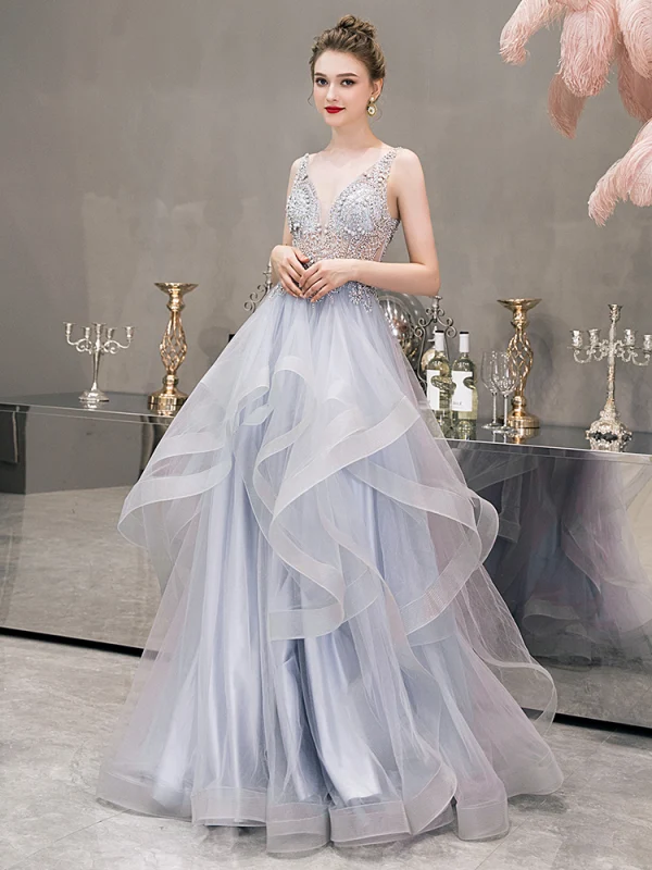 Illusion Grå Genomskinliga Aftonklänningar 2019 Prinsessa Djup v-hals Ärmlös Beading Pärla Rhinestone Långa Cascading Volanger Halterneck Formella Klänningar