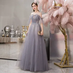 Élégant Gris Transparentes Robe De Soirée 2019 Princesse Manches Courtes Encolure Dégagée Perlage Glitter Tulle Longue Volants Dos Nu Robe De Ceremonie