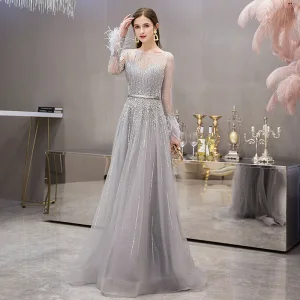Wysokiej Klasy Szary Przezroczyste Sukienki Wieczorowe 2019 Princessa Kwadratowy Dekolt Długie Rękawy Pióro Rhinestone Frezowanie Długie Wzburzyć Sukienki Wizytowe