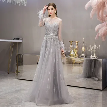 High End Grey See Through Evening Dresses 2019 A Line Princess Square Neckline Long Sleeve Feather Rhinestone Beading Floor Length Long Ruffle Formal Dresses
