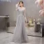 High-end Grey See-through Evening Dresses  2019 A-Line / Princess Square Neckline Long Sleeve Feather Rhinestone Beading Floor-Length / Long Ruffle Formal Dresses