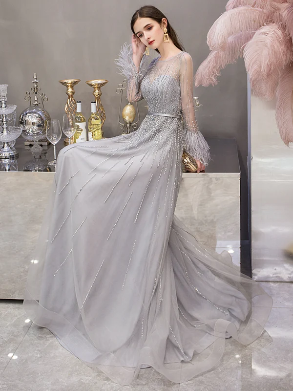 High-end Grey See-through Evening Dresses  2019 A-Line / Princess Square Neckline Long Sleeve Feather Rhinestone Beading Floor-Length / Long Ruffle Formal Dresses