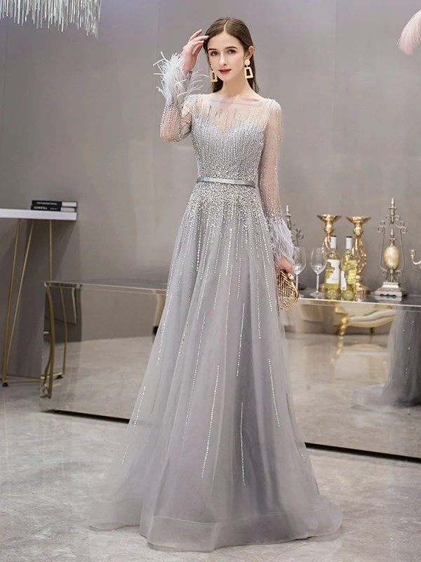 High-end Grey See-through Evening Dresses 2019 A-Line / Princess Square Neckline Long Sleeve Feather Rhinestone Beading Floor-Length / Long Ruffle High-end Grey See-through Evening Dresses 2019 A-Line / Princess Square Neckline Long Sleeve Feather Rhinestone Beading Floor-Length / Long Ruffle