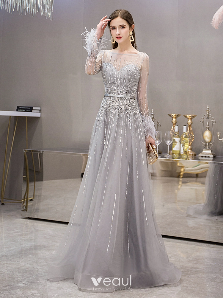 High-end Grey See-through Evening Dresses 2019 A-Line / Princess Square Neckline Long Sleeve Feather Rhinestone Beading Floor-Length / Long Ruffle High-end Grey See-through Evening Dresses 2019 A-Line / Princess Square Neckline Long Sleeve Feather Rhinestone Beading Floor-Length / Long Ruffle