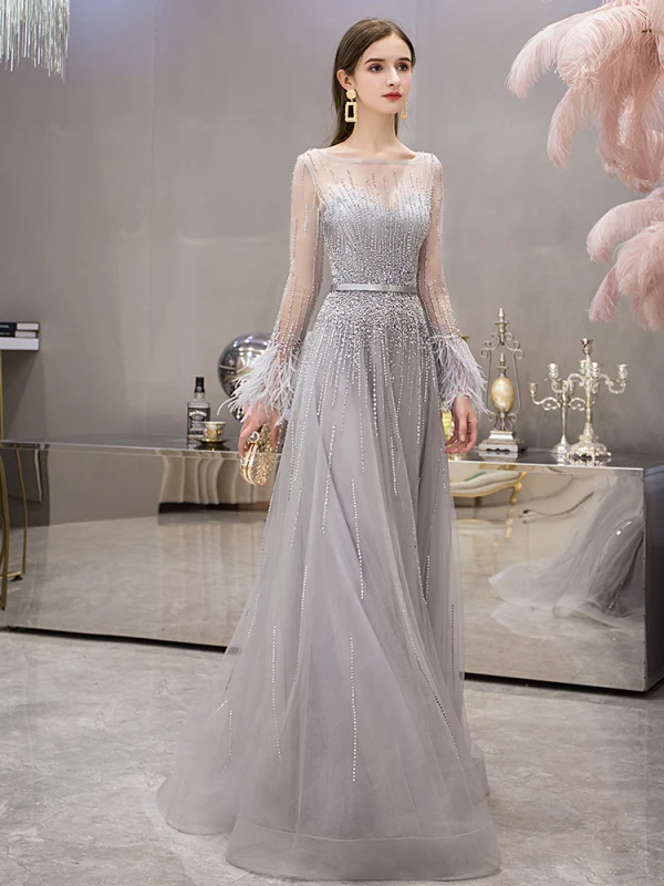 High-end Grey See-through Evening Dresses  2019 A-Line / Princess Square Neckline Long Sleeve Feather Rhinestone Beading Floor-Length / Long Ruffle Formal Dresses