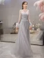 High-end Grey See-through Evening Dresses  2019 A-Line / Princess Square Neckline Long Sleeve Feather Rhinestone Beading Floor-Length / Long Ruffle Formal Dresses