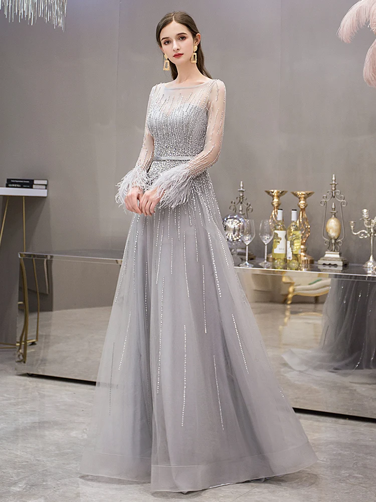 High End Grey See Through Evening Dresses 2019 A Line Princess Square  Neckline Long Sleeve Feather Rhinestone Beading Floor Length Long Ruffle Formal  Dresses