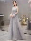 High-end Grey See-through Evening Dresses  2019 A-Line / Princess Square Neckline Long Sleeve Feather Rhinestone Beading Floor-Length / Long Ruffle Formal Dresses