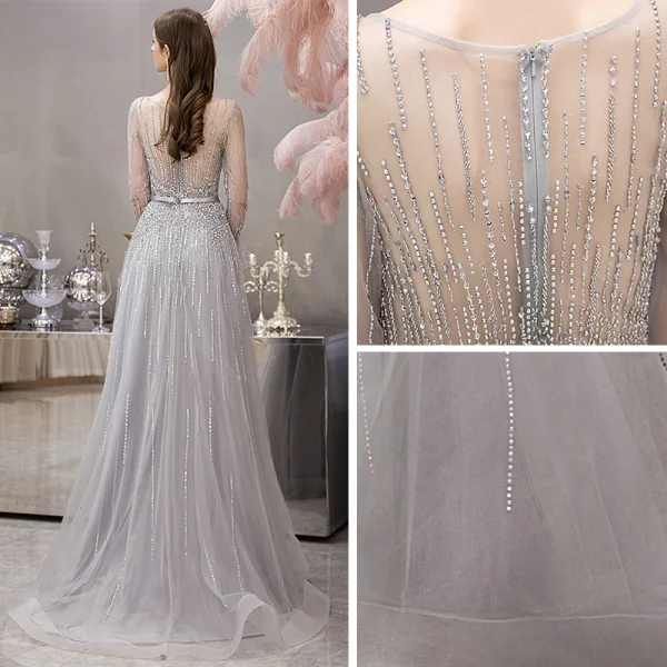 High-end Grey See-through Evening Dresses  2019 A-Line / Princess Square Neckline Long Sleeve Feather Rhinestone Beading Floor-Length / Long Ruffle Formal Dresses