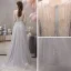 High-end Grey See-through Evening Dresses  2019 A-Line / Princess Square Neckline Long Sleeve Feather Rhinestone Beading Floor-Length / Long Ruffle Formal Dresses