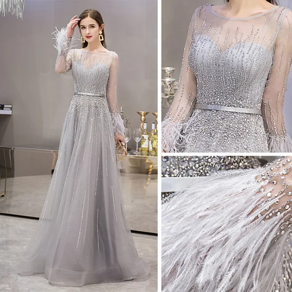 High-end Grey See-through Evening Dresses  2019 A-Line / Princess Square Neckline Long Sleeve Feather Rhinestone Beading Floor-Length / Long Ruffle Formal Dresses