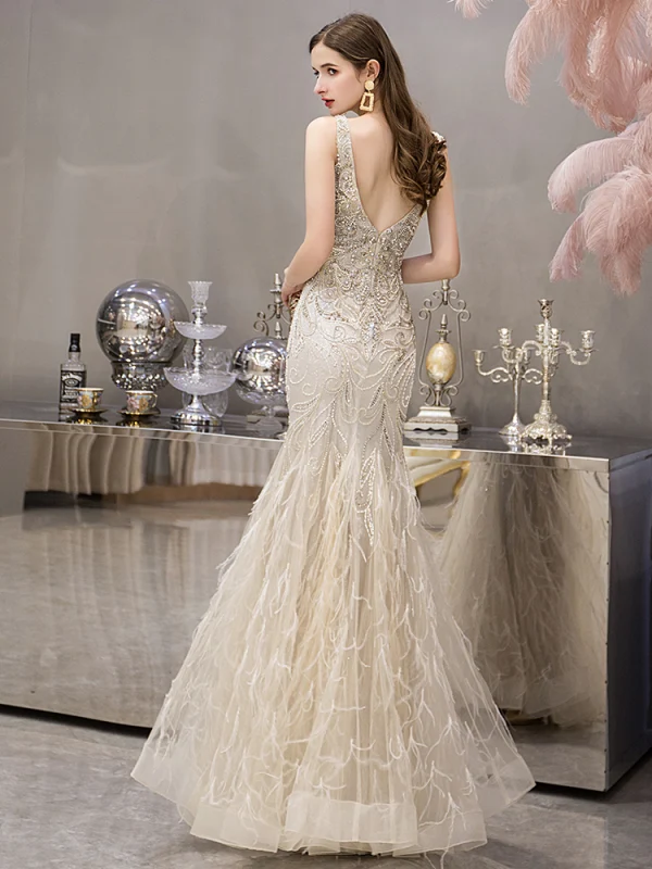 High-end Gold Evening Dresses  2019 Trumpet / Mermaid Deep V-Neck Sleeveless Beading Pearl Rhinestone Feather Floor-Length / Long Ruffle Backless Formal Dresses