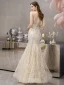 High-end Gold Evening Dresses  2019 Trumpet / Mermaid Deep V-Neck Sleeveless Beading Pearl Rhinestone Feather Floor-Length / Long Ruffle Backless Formal Dresses