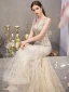 High-end Gold Evening Dresses  2019 Trumpet / Mermaid Deep V-Neck Sleeveless Beading Pearl Rhinestone Feather Floor-Length / Long Ruffle Backless Formal Dresses