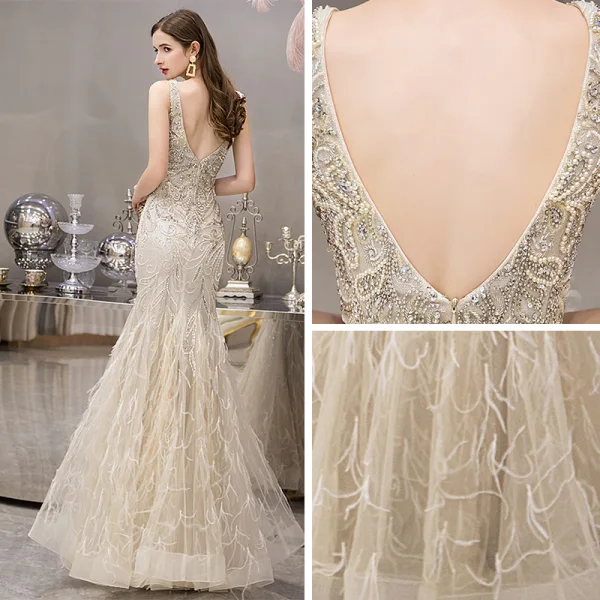 High-end Gold Evening Dresses  2019 Trumpet / Mermaid Deep V-Neck Sleeveless Beading Pearl Rhinestone Feather Floor-Length / Long Ruffle Backless Formal Dresses