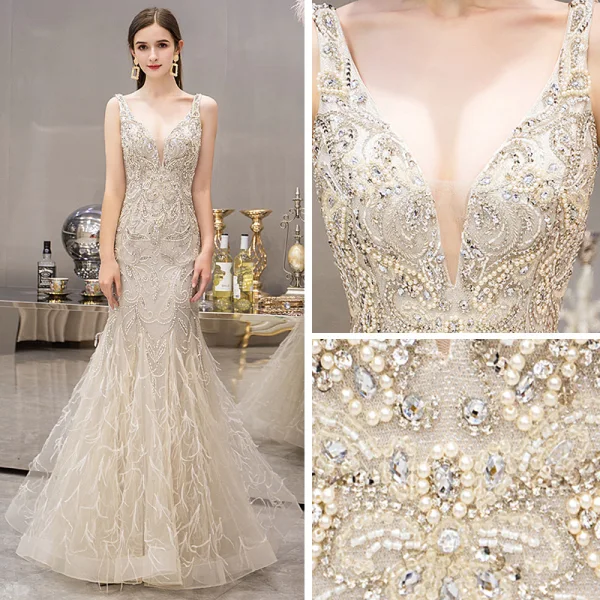 High-end Gold Evening Dresses  2019 Trumpet / Mermaid Deep V-Neck Sleeveless Beading Pearl Rhinestone Feather Floor-Length / Long Ruffle Backless Formal Dresses