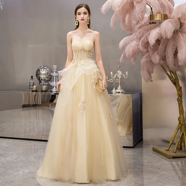 Chic / Beautiful Yellow Evening Dresses  2019 A-Line / Princess Strapless Sleeveless Appliques Flower Beading Pearl Floor-Length / Long Ruffle Backless Formal Dresses