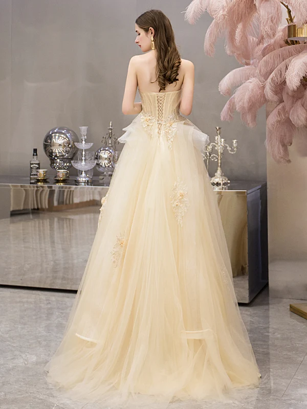 Chic / Beautiful Yellow Evening Dresses  2019 A-Line / Princess Strapless Sleeveless Appliques Flower Beading Pearl Floor-Length / Long Ruffle Backless Formal Dresses