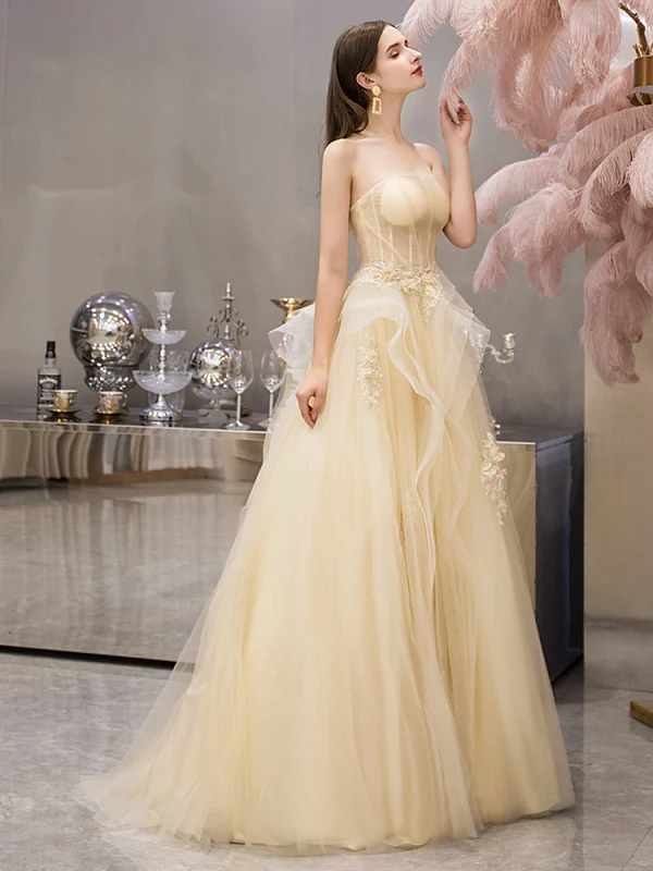 Chic / Beautiful Yellow Evening Dresses  2019 A-Line / Princess Strapless Sleeveless Appliques Flower Beading Pearl Floor-Length / Long Ruffle Backless Formal Dresses