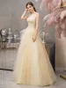 Chic / Beautiful Yellow Evening Dresses  2019 A-Line / Princess Strapless Sleeveless Appliques Flower Beading Pearl Floor-Length / Long Ruffle Backless Formal Dresses