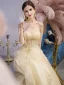 Chic / Beautiful Yellow Evening Dresses  2019 A-Line / Princess Strapless Sleeveless Appliques Flower Beading Pearl Floor-Length / Long Ruffle Backless Formal Dresses