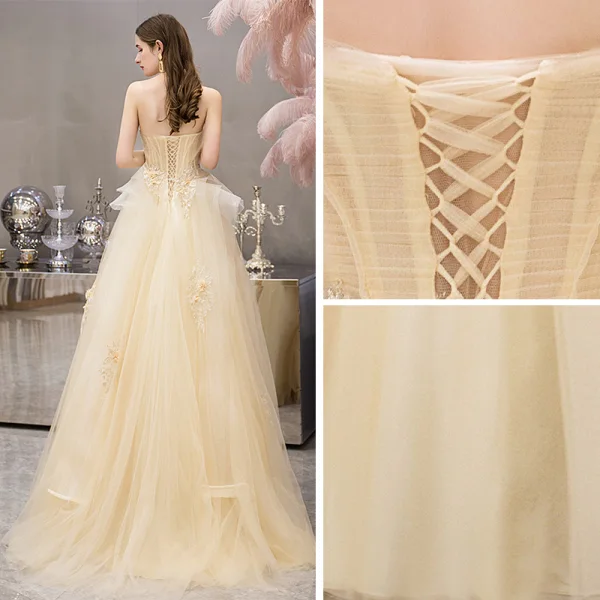 Chic / Beautiful Yellow Evening Dresses  2019 A-Line / Princess Strapless Sleeveless Appliques Flower Beading Pearl Floor-Length / Long Ruffle Backless Formal Dresses