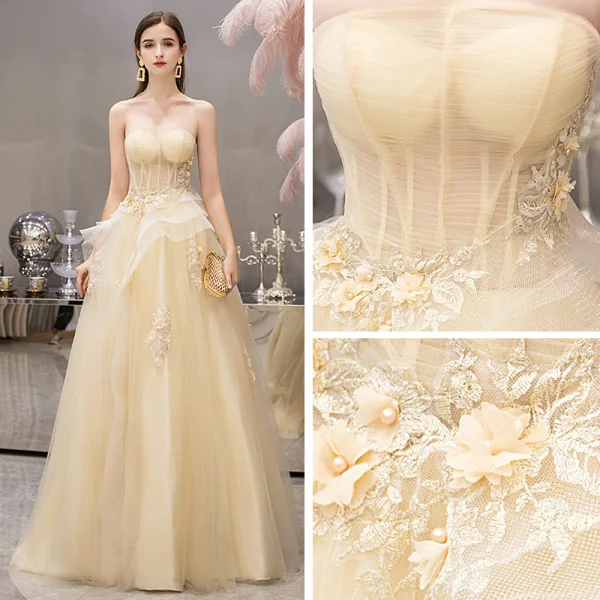 Chic / Beautiful Yellow Evening Dresses  2019 A-Line / Princess Strapless Sleeveless Appliques Flower Beading Pearl Floor-Length / Long Ruffle Backless Formal Dresses