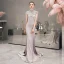 Luxury / Gorgeous Grey Evening Dresses  2019 Trumpet / Mermaid High Neck Sleeveless Pearl Rhinestone Beading Tassel Sweep Train Formal Dresses