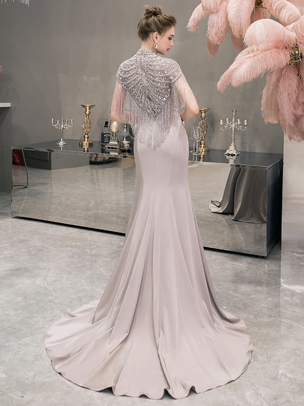 Luxury / Gorgeous Grey Evening Dresses  2019 Trumpet / Mermaid High Neck Sleeveless Pearl Rhinestone Beading Tassel Sweep Train Formal Dresses